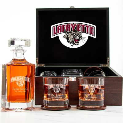 Customized Engraved Dark Brown Wood Box Decanter Set With Rocks Glasses - NCAA Lafayette Leopards
