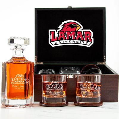 Customized Engraved Dark Brown Wood Box Decanter Set With Rocks Glasses - NCAA Lamar Cardinals