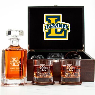 Customized Engraved Dark Brown Wood Box Decanter Set With Rocks Glasses - NCAA La Salle Explorers