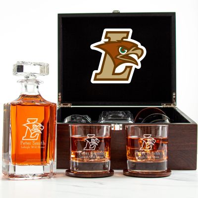 Customized Engraved Dark Brown Wood Box Decanter Set With Rocks Glasses - NCAA Lehigh Mountain Hawks