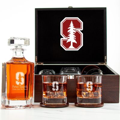 Customized Engraved Dark Brown Wood Box Decanter Set With Rocks Glasses - NCAA Stanford Cardinal