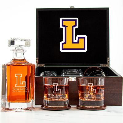 Customized Engraved Dark Brown Wood Box Decanter Set With Rocks Glasses - NCAA Lipscomb Bisons