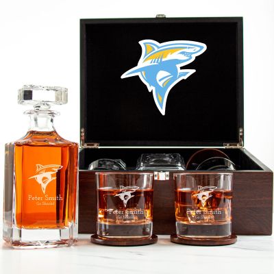 Customized Engraved Dark Brown Wood Box Decanter Set With Rocks Glasses - NCAA LIU Sharks
