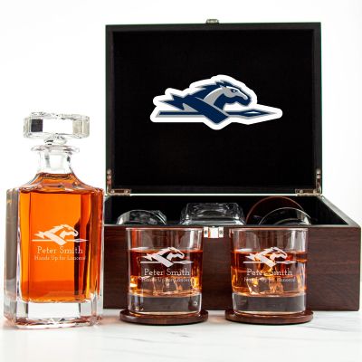 Customized Engraved Dark Brown Wood Box Decanter Set With Rocks Glasses - NCAA Longwood Lancers