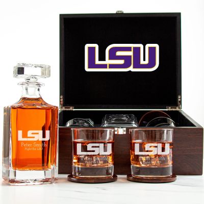 Customized Engraved Dark Brown Wood Box Decanter Set With Rocks Glasses - NCAA LSU Tigers
