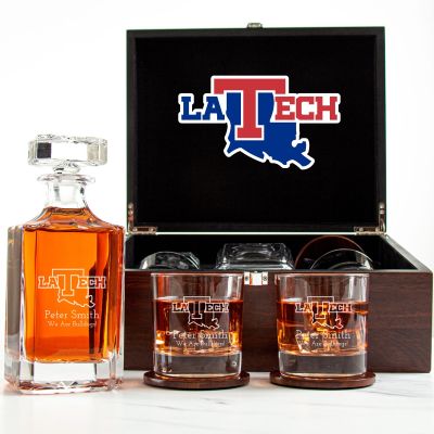 Customized Engraved Dark Brown Wood Box Decanter Set With Rocks Glasses - NCAA Louisiana Tech Bulldogs