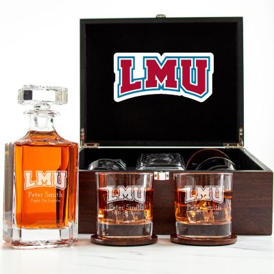 Customized Engraved Dark Brown Wood Box Decanter Set With Rocks Glasses - NCAA Loyola Marymount Lions