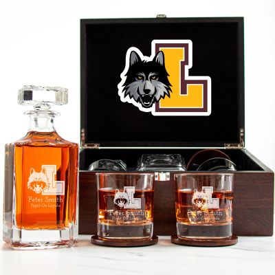 Customized Engraved Dark Brown Wood Box Decanter Set With Rocks Glasses - NCAA Loyola Chicago Ramblers