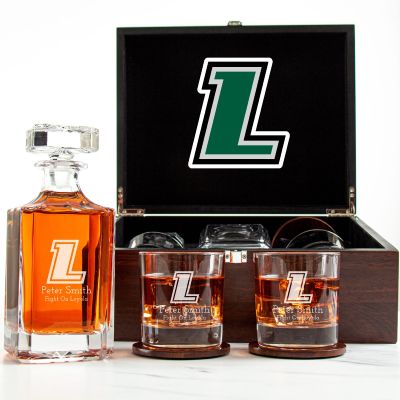 Customized Engraved Dark Brown Wood Box Decanter Set With Rocks Glasses - NCAA Loyola Greyhounds
