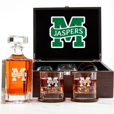 Customized Engraved Dark Brown Wood Box Decanter Set With Rocks Glasses - NCAA Manhattan Jaspers