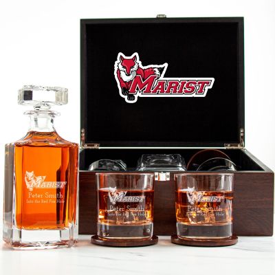Customized Engraved Dark Brown Wood Box Decanter Set With Rocks Glasses - NCAA Marist Red Foxes
