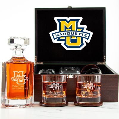 Customized Engraved Dark Brown Wood Box Decanter Set With Rocks Glasses - NCAA Marquette Golden Eagles