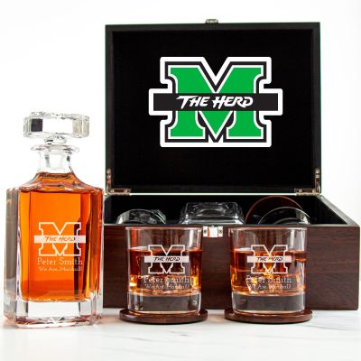 Customized Engraved Dark Brown Wood Box Decanter Set With Rocks Glasses - NCAA Marshall Thundering Herd