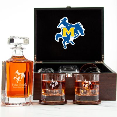 Customized Engraved Dark Brown Wood Box Decanter Set With Rocks Glasses - NCAA McNeese Cowboys