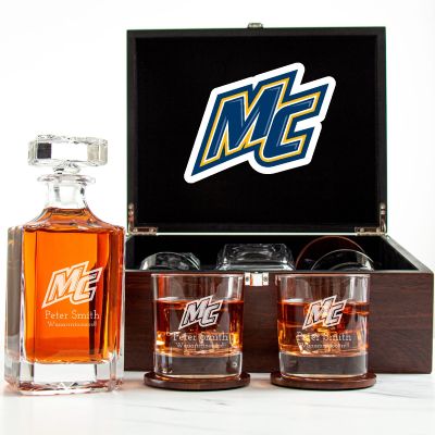 Customized Engraved Dark Brown Wood Box Decanter Set With Rocks Glasses - NCAA Merrimack Warriors
