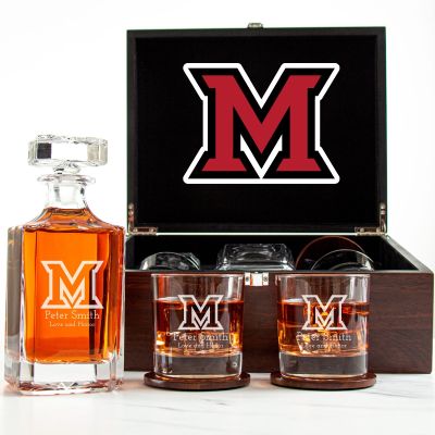 Customized Engraved Dark Brown Wood Box Decanter Set With Rocks Glasses - NCAA Miami University RedHawks