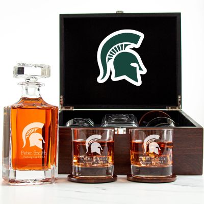 Customized Engraved Dark Brown Wood Box Decanter Set With Rocks Glasses - NCAA Michigan State Spartans