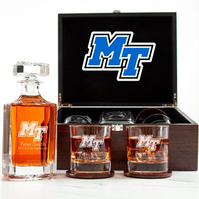Customized Engraved Dark Brown Wood Box Decanter Set With Rocks Glasses - NCAA Middle Tennessee Blue Raiders