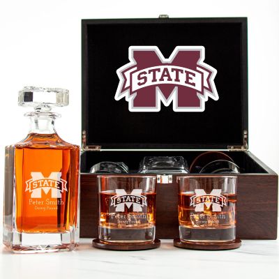 Customized Engraved Dark Brown Wood Box Decanter Set With Rocks Glasses - NCAA Mississippi State Bulldogs