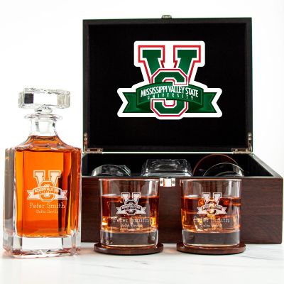 Customized Engraved Dark Brown Wood Box Decanter Set With Rocks Glasses - NCAA Mississippi Valley State Delta Devils