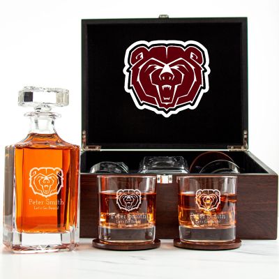 Customized Engraved Dark Brown Wood Box Decanter Set With Rocks Glasses - NCAA Missouri State Bears