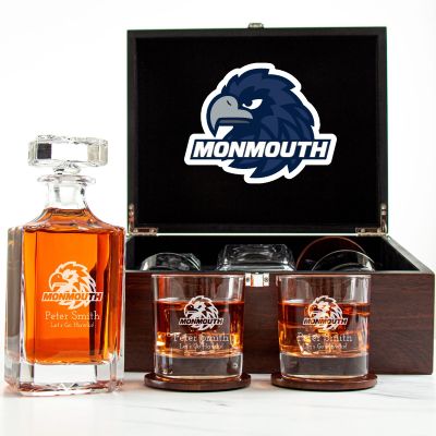 Customized Engraved Dark Brown Wood Box Decanter Set With Rocks Glasses - NCAA Monmouth Hawks