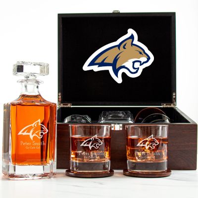 Customized Engraved Dark Brown Wood Box Decanter Set With Rocks Glasses - NCAA Montana State Bobcats