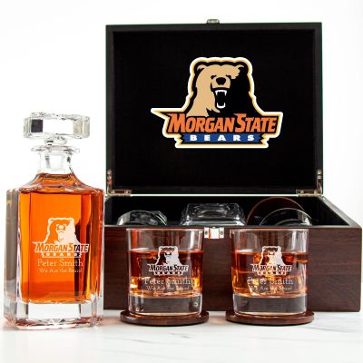 Customized Engraved Dark Brown Wood Box Decanter Set With Rocks Glasses - NCAA Morgan State Bears