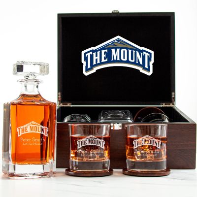 Customized Engraved Dark Brown Wood Box Decanter Set With Rocks Glasses - NCAA Mount St. Mary's Mountaineers