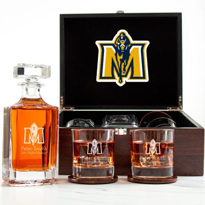 Customized Engraved Dark Brown Wood Box Decanter Set With Rocks Glasses - NCAA Murray State Racers