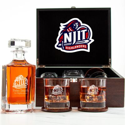 Customized Engraved Dark Brown Wood Box Decanter Set With Rocks Glasses - NCAA NJIT Highlanders