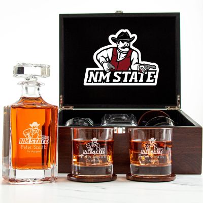 Customized Engraved Dark Brown Wood Box Decanter Set With Rocks Glasses - NCAA New Mexico State Aggies