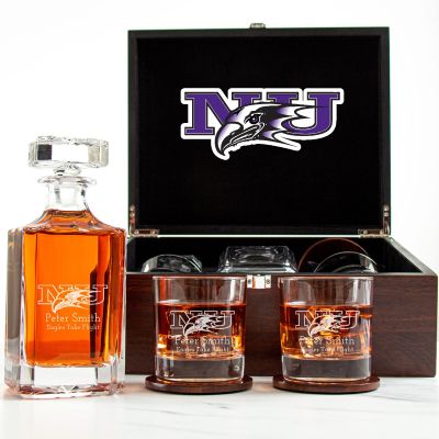 Customized Engraved Dark Brown Wood Box Decanter Set With Rocks Glasses - NCAA Niagara University Purple Eagles