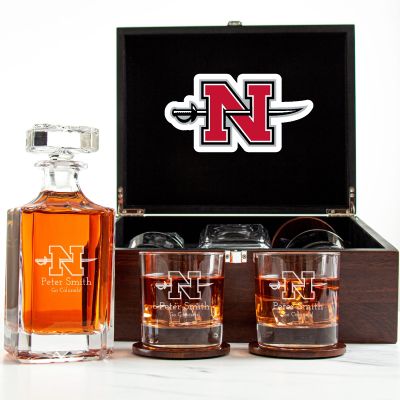 Customized Engraved Dark Brown Wood Box Decanter Set With Rocks Glasses - NCAA Nicholls State University Colonels