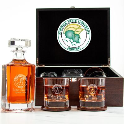Customized Engraved Dark Brown Wood Box Decanter Set With Rocks Glasses - NCAA Norfolk State Spartans