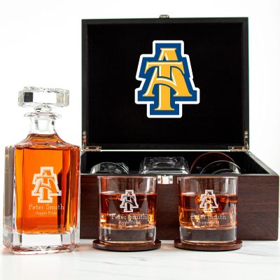 Customized Engraved Dark Brown Wood Box Decanter Set With Rocks Glasses - NCAA North Carolina A&T Aggies