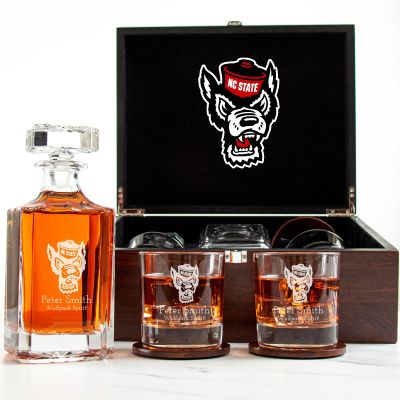 Customized Engraved Dark Brown Wood Box Decanter Set With Rocks Glasses - NCAA NC State Wolfpack
