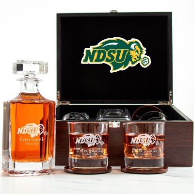 Customized Engraved Dark Brown Wood Box Decanter Set With Rocks Glasses - NCAA North Dakota State Bison