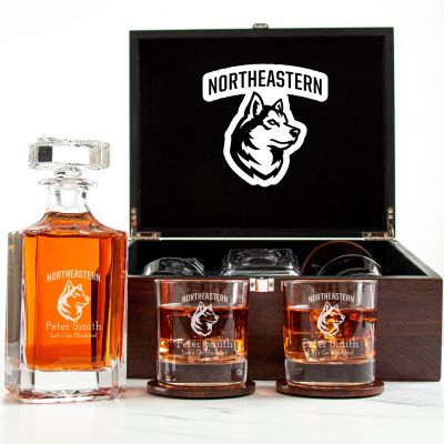 Customized Engraved Dark Brown Wood Box Decanter Set With Rocks Glasses - NCAA Northeastern Huskies