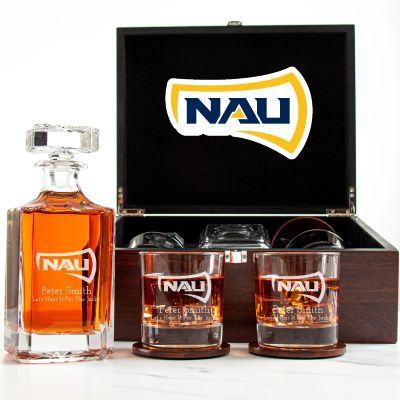 Customized Engraved Dark Brown Wood Box Decanter Set With Rocks Glasses - NCAA Northern Arizona Lumberjacks