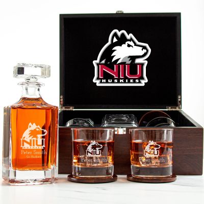 Customized Engraved Dark Brown Wood Box Decanter Set With Rocks Glasses - NCAA Northern Illinois Huskies