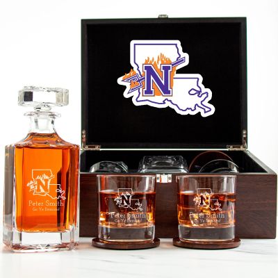 Customized Engraved Dark Brown Wood Box Decanter Set With Rocks Glasses - NCAA Northwestern State Demons