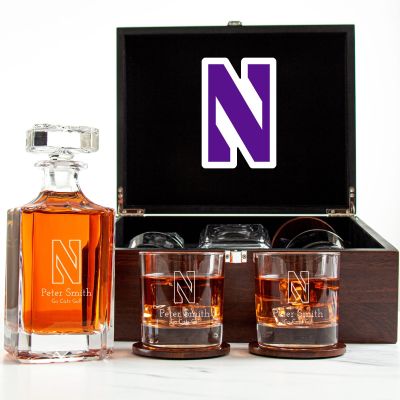 Customized Engraved Dark Brown Wood Box Decanter Set With Rocks Glasses - NCAA Northwestern Wildcats