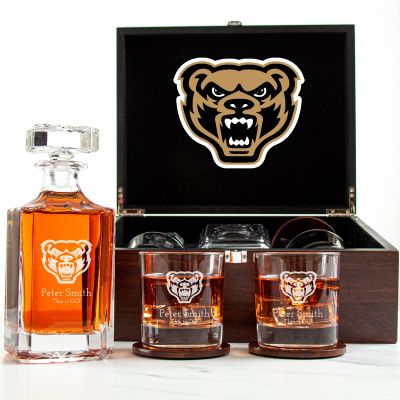 Customized Engraved Dark Brown Wood Box Decanter Set With Rocks Glasses - NCAA Oakland Golden Grizzlies