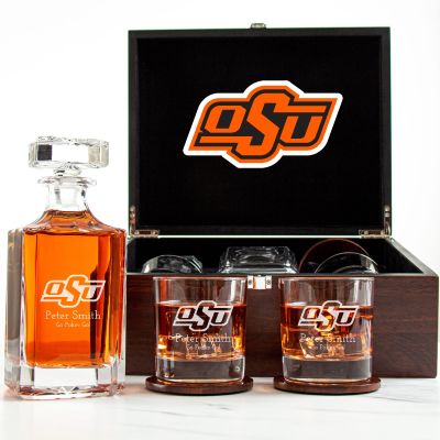 Customized Engraved Dark Brown Wood Box Decanter Set With Rocks Glasses - NCAA Oklahoma State Cowboys