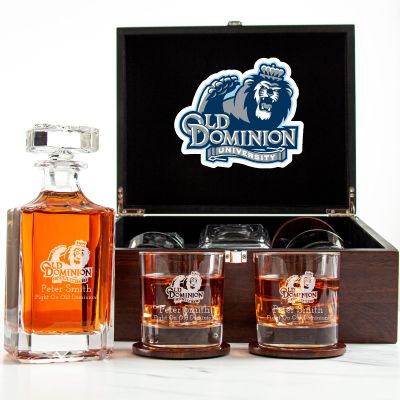 Customized Engraved Dark Brown Wood Box Decanter Set With Rocks Glasses - NCAA Old Dominion Monarchs