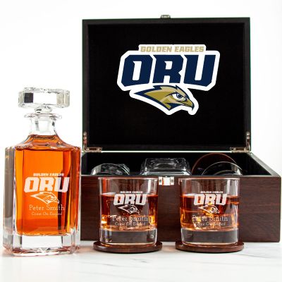 Customized Engraved Dark Brown Wood Box Decanter Set With Rocks Glasses - NCAA Oral Roberts Golden Eagles