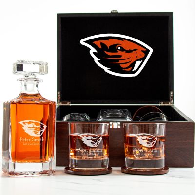 Customized Engraved Dark Brown Wood Box Decanter Set With Rocks Glasses - NCAA Oregon State Beavers