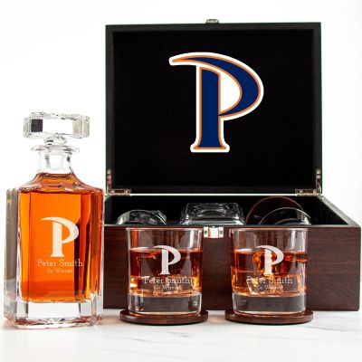 Customized Engraved Dark Brown Wood Box Decanter Set With Rocks Glasses - NCAA Pepperdine	Waves