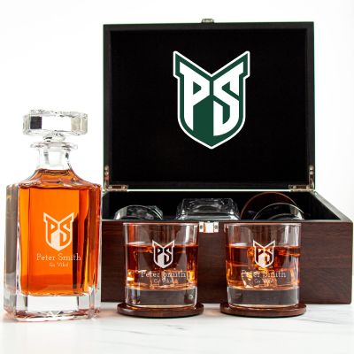 Customized Engraved Dark Brown Wood Box Decanter Set With Rocks Glasses - NCAA Portland State Vikings